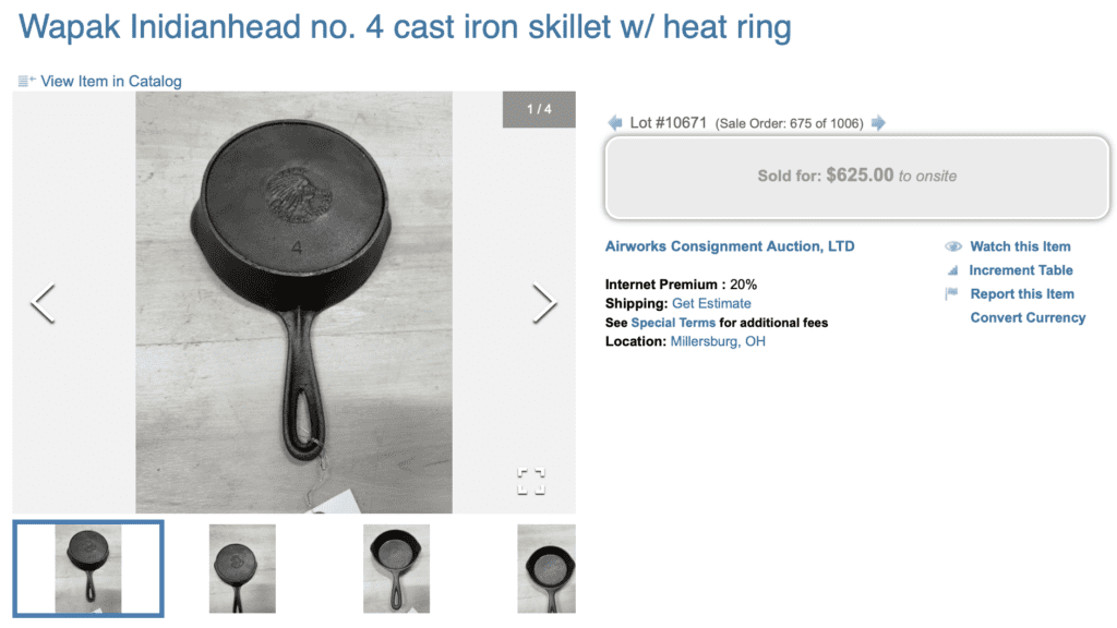 Wapak "Indian" number 4 cast iron skillet pan with heat ring. Indian head medallion in centere of bottom of pan. Sold for $625.